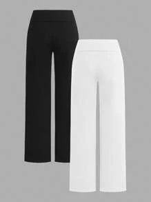 SHEIN EZwear 2 Cặp Quần ống rộng cạp cao thường ngày cho nữ, Thiết kế đơn giản, Đen & Trắng, Thích hợp cho mùa hè - Nhiều màu - Xem 2