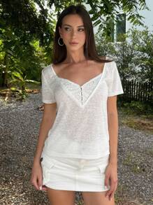 DAZY Camiseta interior con encaje en la espalda y escote de unicolor para mujer - Blanco - Ver 5