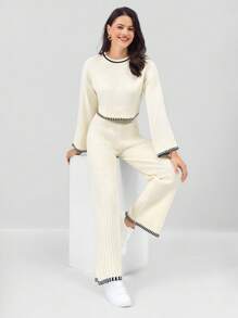 Miaspire 2pcs Women Casual Sweater Set With Contrast Trim Round Neck Long Sleeve Top And Pants - Apricot - View 1