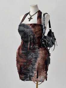Sunspun Vestido mini corto y ajustado de talle ceñido con efecto tie-dye, sin mangas, con espalda de tirantes, sexy y elegante para tallas grandes - Marrón Chocolate - Ver 2