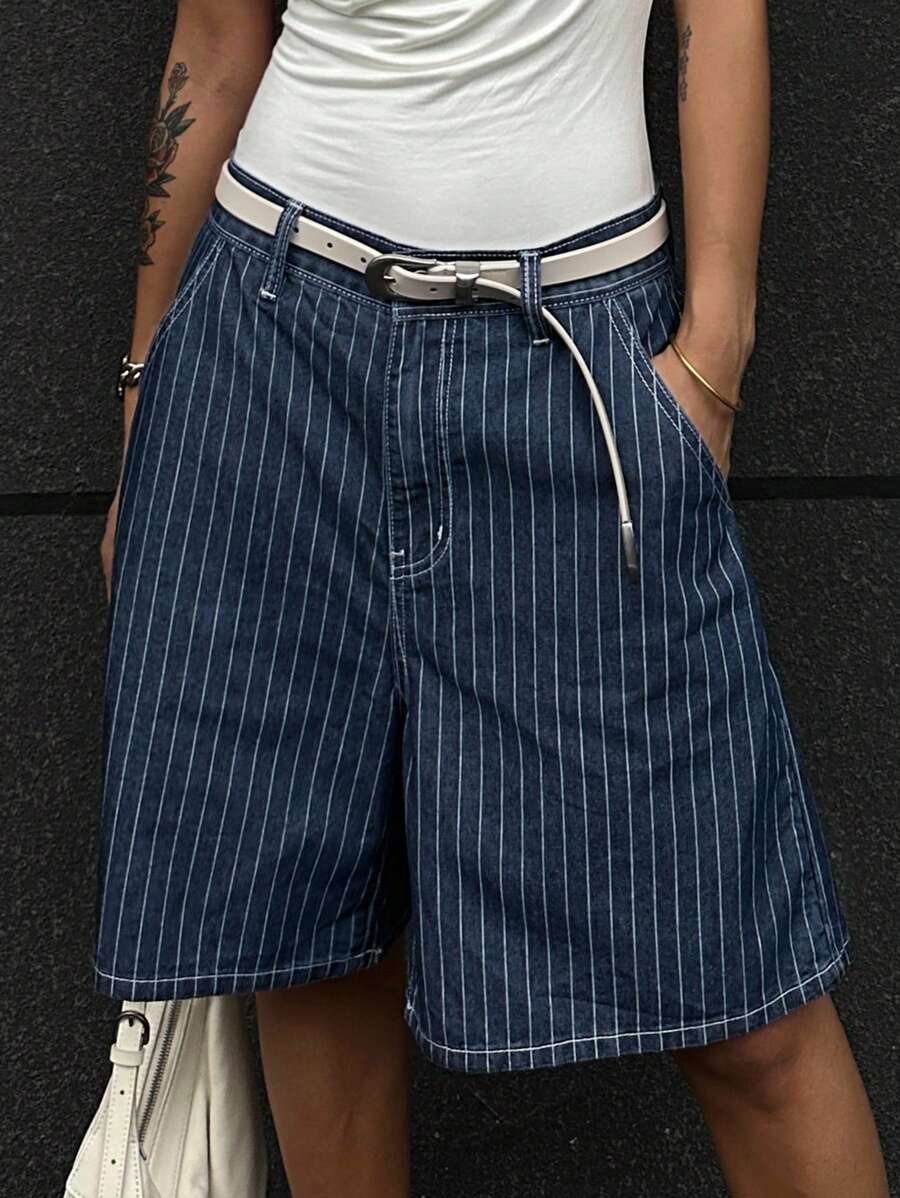 DAZY 女式宽松街头风格条纹直筒七分牛仔短裤 - 深色水洗藍 - 查看 1