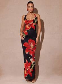 Silquee Summer Knit Dresses Warm Red Floral Print Dress Pink Anthurium Print Dress Tiger Lily Print Dress Printed Mesh Halter Dress, Floral Maxi Dress, Women's Summer Clothing, Women's Beachwear, Women's Beachwear, Spring Break Dresses, Summer Maxi Dresses, Holiday Maxi Dresses, Women's Summer Dresses - Multicolor - View 4