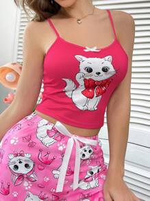 Cute Red Knit Sleeveless Crop Pajama Top With Cat Print For Women Cartoon Pajamas Women - Red - View 5