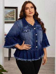EMERY ROSE 大码女式流苏喇叭袖单排扣褶边休闲牛仔夹克 - 深色水洗藍 - 查看 5