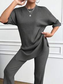 EURMUSE 2Pcs Women Summer Casual Simple Solid Ribbed Top And Pants Set - Dark Grey - View 4