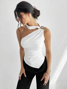 Firerie 女士优雅白色不对称金属白色褶皱金属装饰上衣、毕业典礼、女士教师上衣、返校/工作/办公室/商务休闲/机场/外出/旅行机场/可爱上衣/露背吊带上衣/外出上衣/秋季/斯德哥尔摩风格/办公室装/老钱风格女士/乡村音乐会