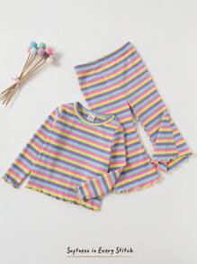 Cozy Pixies Baby Girls 2pcs Set Bow Decor Colorful Striped Round Neck Short Sleeve Crop Top And Flare Pants Baby Girl Striped Outfit Rainbow Baby Outfit Toddler Striped Two Piece Set Baby Bell Bottom Outfit Knit Toddler Set