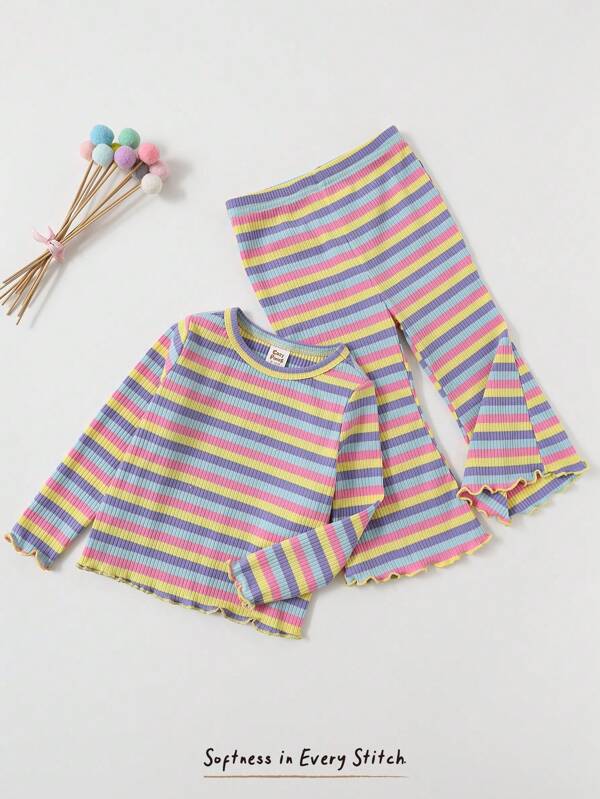 Cozy Pixies Baby Girls 2pcs Set Bow Decor Colorful Striped Round Neck Short Sleeve Crop Top And Flare Pants Baby Girl Striped Outfit Rainbow Baby Outfit Toddler Striped Two Piece Set Baby Bell Bottom Outfit Knit Toddler Set