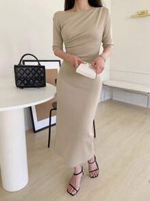 DAZY 女士斜肩腰褶中长裹身连衣裙 - 卡其色 - 查看 7