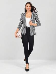 Miaspire Women Commuting Open Front Houndstooth Blazer - Black and White - View 5