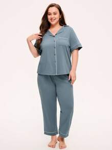 LUVLETTE 夏季女士加大码蓝色柔软100%纯棉撞色滚边短袖基础款纽扣上衣和裤子套装，女士家居服透气睡衣套装，裤子带口袋，居家舒适内衣 - 綠色 - 查看 4