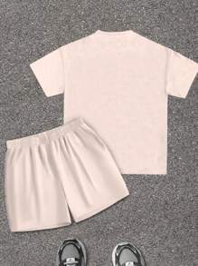 SHEIN Leap Crew 2pcs Casual Kids Tween Boys Cartoon Character & Letter Print Loose Fit Crew Neck Short Sleeve T-Shirt And Shorts 2 Pieces Set, Suitable For School, Garden, Beach, Birthday, Spring/Summer - Khaki - View 2