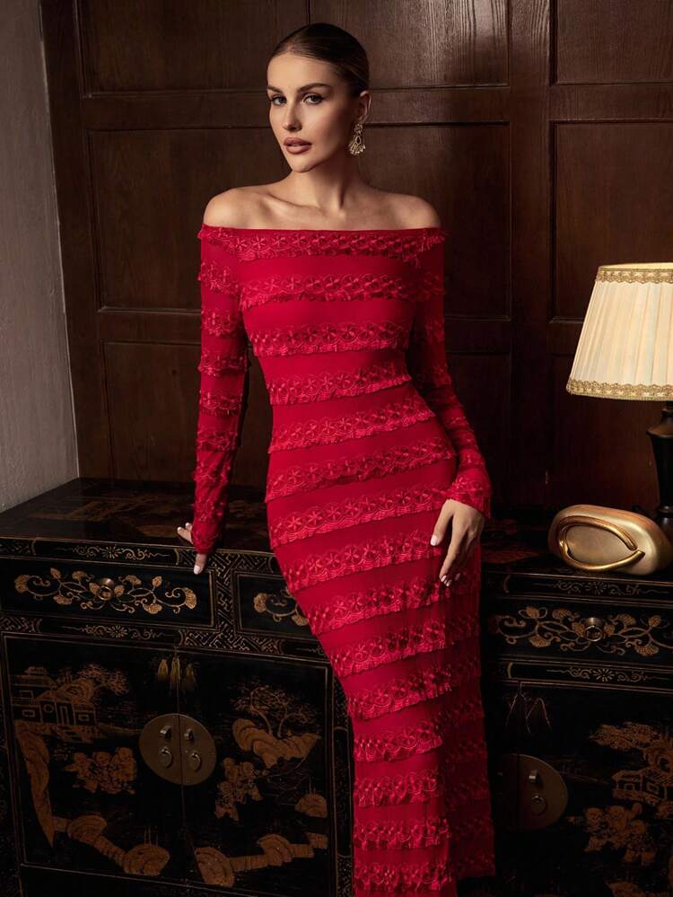 ZEYLAH Women's Floral Embroidery Off-Shoulder Long Sleeve Bodycon Dress, Elegant