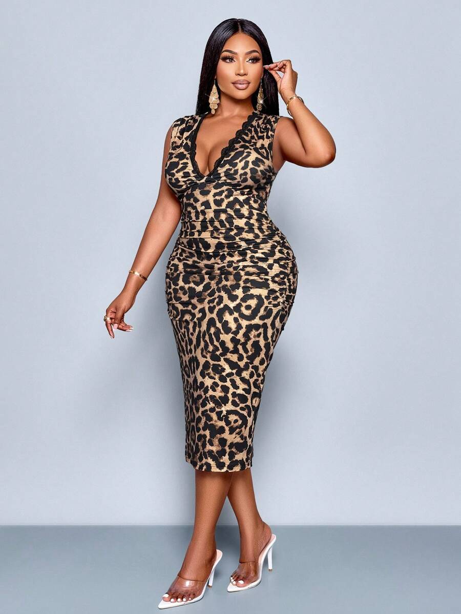 SOLERSUN 大码女式撞色蕾丝豹纹深 V 领灯笼袖修身中长连衣裙，优雅通勤、休闲约会、性感浪漫情人节、春夏时尚无袖节日派对 - 棕色 - 查看 1