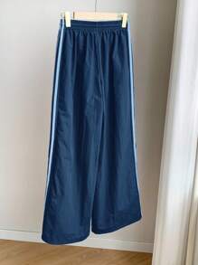 Comfortcana 女士朦胧蓝色侧条纹松紧腰休闲宽松运动裤 - 霧霾藍 - 查看 2