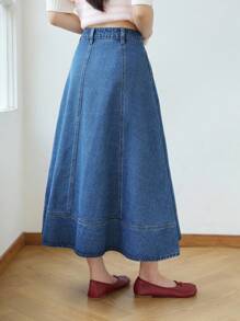 K-Vae Women's Denim Blue Commuter A-Line Denim Skirt,Korean Style Fall Women Clothes,Teacher Outfits For Women,Back To School,Denim For Women,Teacher Outfits For Women