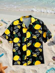 HIMLAND Camisa de manga corta con cuello de solapa estilo campamento, con estampado de limón, informal para hombres