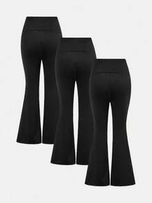 SHEIN Girlism 3 件套青少年女孩合身休闲简约舒适喇叭紧身裤套装，黑色 - 黑色 - 查看 2