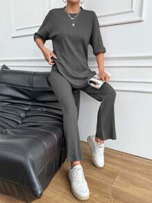 EURMUSE 2Pcs Women Summer Casual Simple Solid Ribbed Top And Pants Set - Dark Grey - View 3