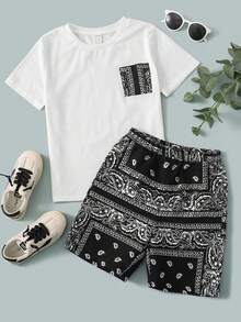 SHEIN Tween Boy Paisley Print Patched Pocket Tee & Shorts
