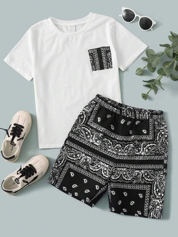 SHEIN Tween Boy Paisley Print Patched Pocket Tee & Shorts