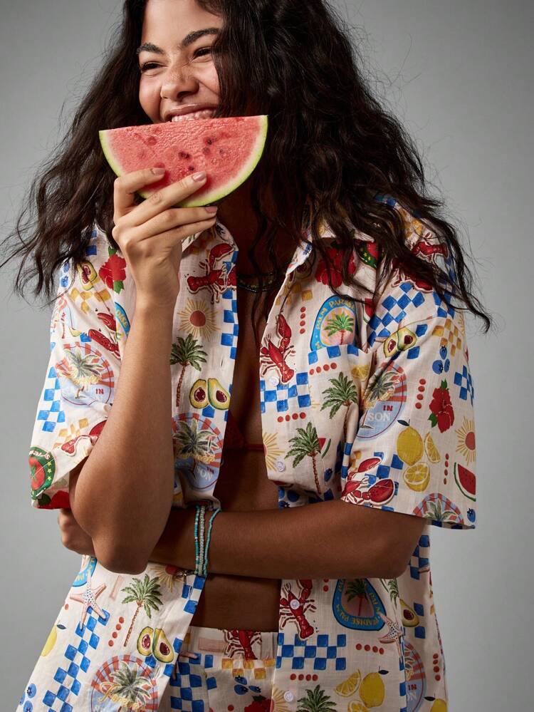 Tropical Print Shirt And Shorts Set With Paradise Pattern