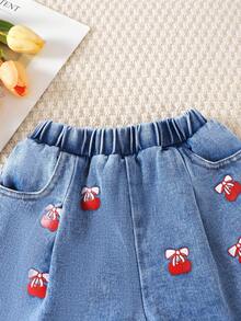 1pc Young Girl' Casual Cute School Style Washing Blue Peach Blossom Print Shorts - Blue - View 5