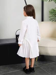 年轻女孩休闲日常简约百褶长袖连衣裙 - 白色 - 查看 4