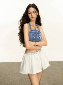 Rina Fox 女式夏季休闲毛边可调节肩带短款牛仔吊带上衣 - 藍色 - 查看 4