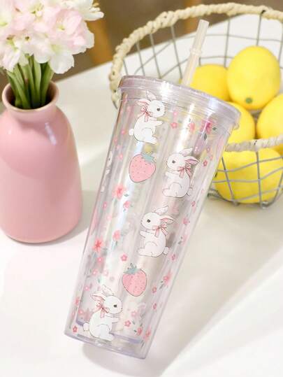 Kawaii 1pc Cold Drink Juice Cup,450ml Or 600ml Transparent With Flat Lid, Double-Layer Straw Cup, Juice Cup With Straw, Transparent Bow Pattern Cup, Kawaii Style