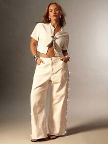 Denimoi Rhinestone Chain Split Sit Mid Rise Wide Leg Denim Jeans - White - View 2