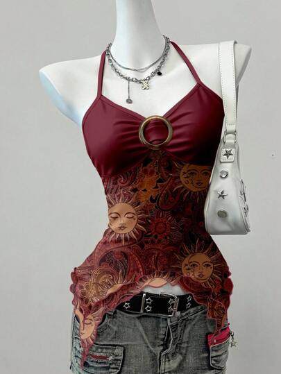 Attitoon Allover Print Mesh Women Tank Top With Neckline And Backless Design,Vintage Grunge Punk,Red Sun God, Bohemian, Western Style, Punk Rock Style, Y2k Punk Hottie, Music Festivals, Boho, Beach, Summer Miami Girl, Bandana Top Women Scarf Top Dark Red Top Sun Print Top Halter Top Suitable For Going Out