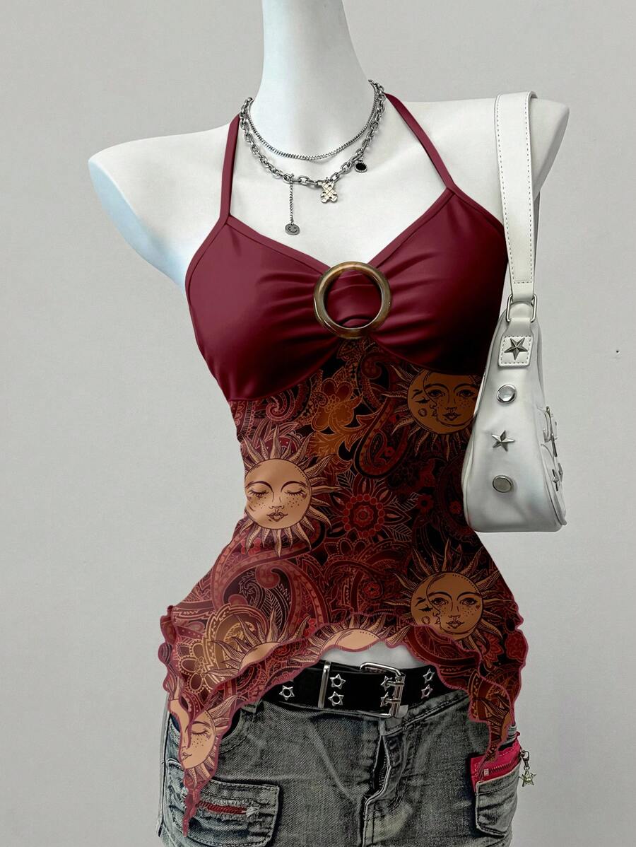 Attitoon 全身印花网眼女式背心，采用领口和露背设计 - 彩色 - 查看 1