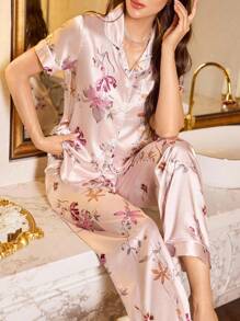 LuxeNights Conjunto de lencería elegante de mujer con estampado floral de seda sintética, con chaqueta con solapa y manga corta - Multicolor - Ver 1