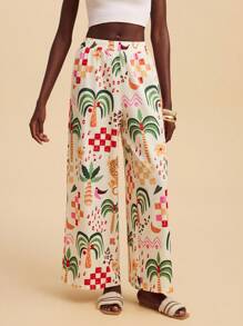 Travachic Vacation Printed Loose Wide Leg Women's Pants Printed Pants Wide Leg Pants Boho Pants Tropical Print Pants Summer Pants Vacation Pants Autumn Winter Summer Spring Beautiful Pants
