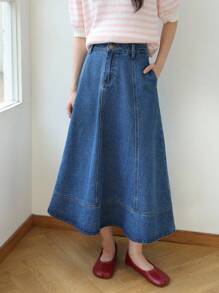 K-Vae Women's Denim Blue Commuter A-Line Denim Skirt,Korean Style Fall Women Clothes,Teacher Outfits For Women,Back To School,Denim For Women,Teacher Outfits For Women