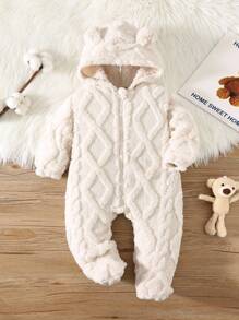 SHEIN 男婴可爱小熊图案保暖连体衣，适合秋冬季节穿着