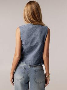 SHEIN Forever 21 夏季新款中蓝色水洗无袖休闲度假牛仔背心女款 - 淺藍色 - 查看 2