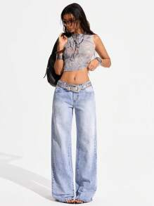 Jeanoix Women's Low Waist Rhinestone Flower Graphic Pockets Straight Leg Jeans Y2k - Light Wash - View 1