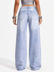 Jeanoix Women's Low Waist Rhinestone Flower Graphic Pockets Straight Leg Jeans Y2k - Light Wash - View 3