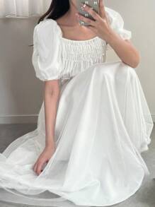 FRIFUL Women's Palace Style Princess Solid Color White Puff Sleeve Pearl Decor A-Line Mesh Vacation Dress - Beige - View 3