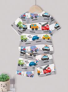 Baby Boy Car Print Casual Knit Pajama Set With Short Sleeve Tee And Shorts, Summer - Grey - View 3