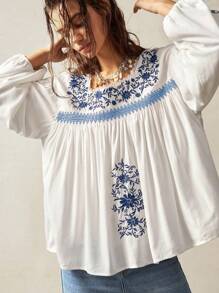 Bohemela 大码女式花卉刺绣落肩长袖宽松衬衫