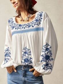 Bohemela 大码女式花卉刺绣落肩长袖宽松衬衫