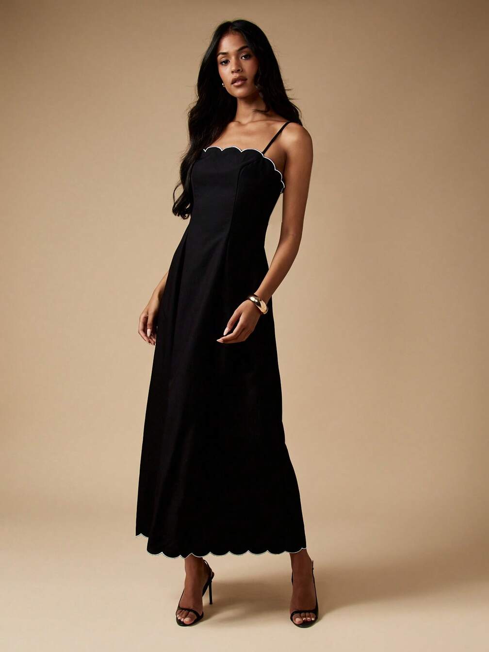 black dress with white piping Justyna Contrast Piping Trim Midi Dress Black