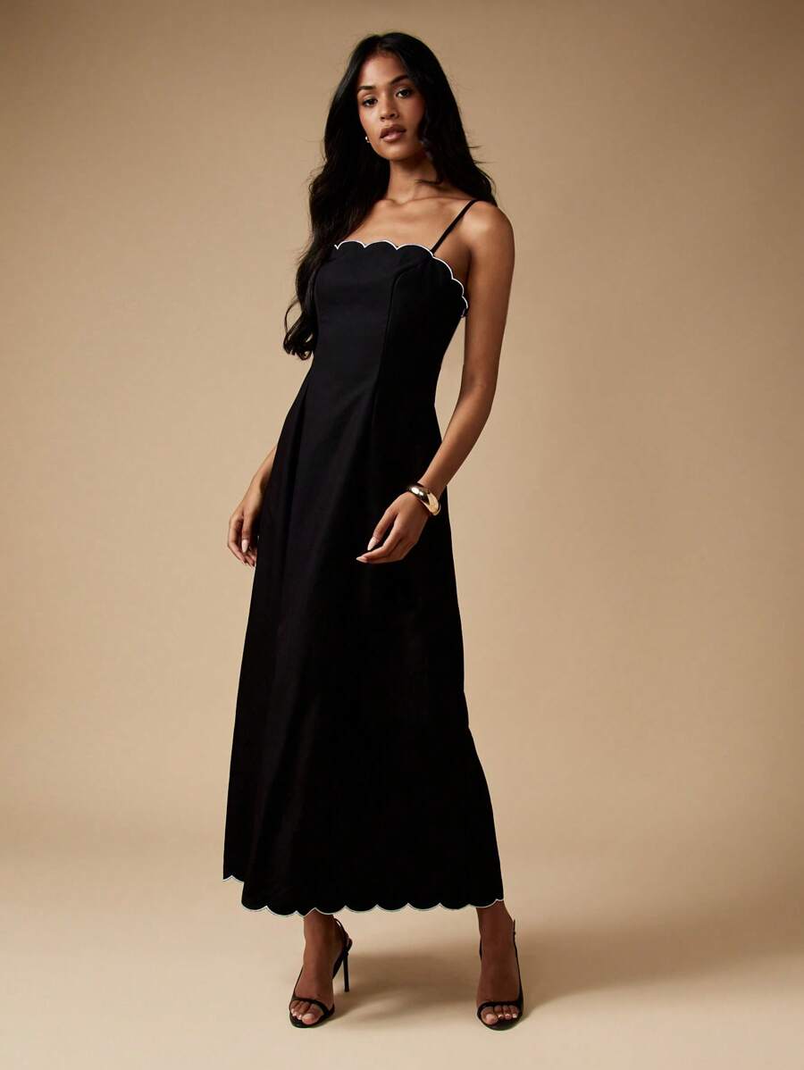 MISSGUIDED 扇形边饰晚礼服，无袖A字中长款，饰以精致白色滚边，经典廓形，是参加派对和特殊场合的完美之选。 - 黑與白 - 查看 1