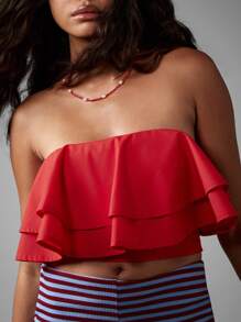 AiiRZ Strapless Ruffle Crop Top Summer Beach Party Festival Double Layer Ruffled Bandeau Cotton Poplin Casual Club Vacation Night Out - Red - View 7