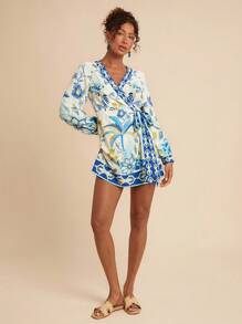 Travachic Vestido corto de manga larga con estampado de palmeras y cierre delantero de lazo, estilo de vacaciones para mujer - Azul - Ver 4