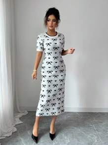 SHEIN Raffinéa 女士时尚圆领短袖蝴蝶针织连衣裙 - 黑與白 - 查看 5