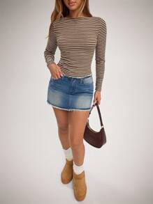 SHEIN Forever 21 女式秋季条纹船领长袖修身休闲T恤 - 咖啡棕 - 查看 4